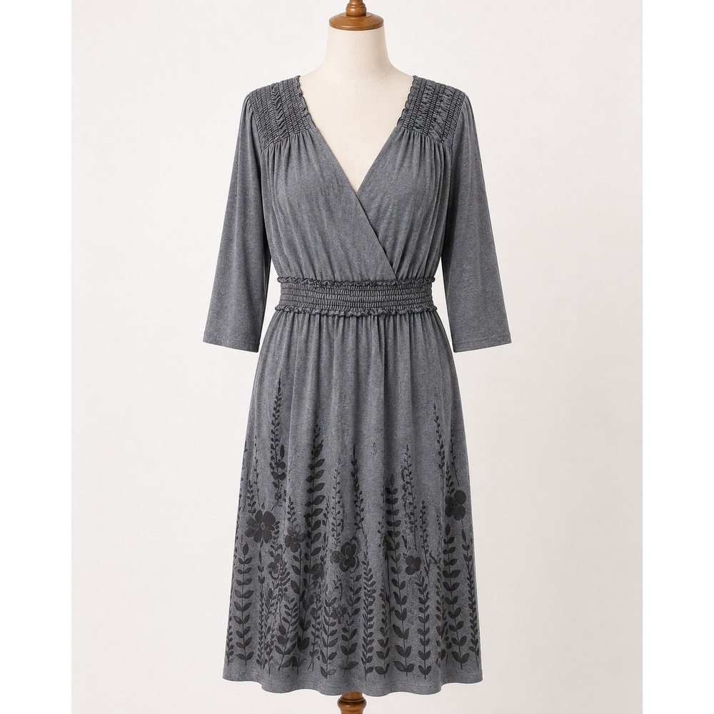Just My Size Dress Size 1x JMS Gray Floral Border Faux Wrap Smocked Empire Waist